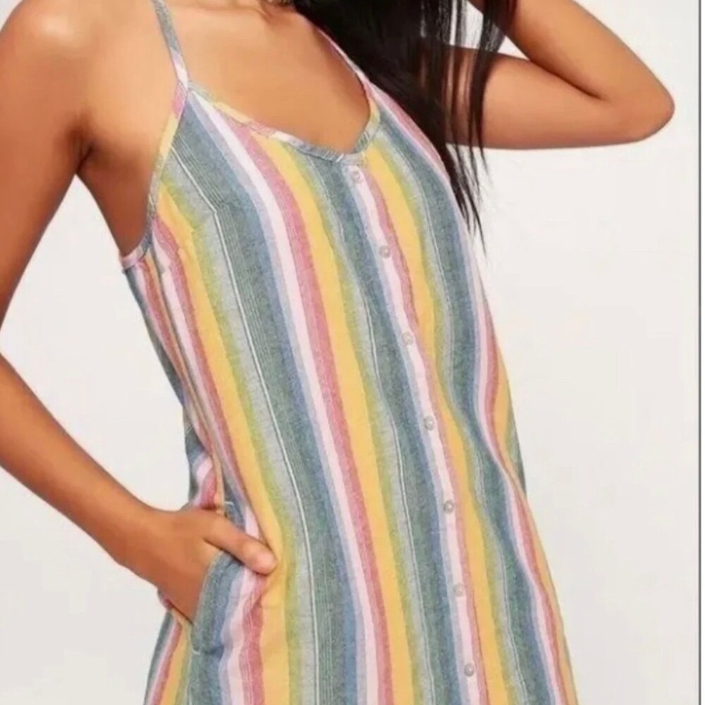 OBEY Dress Womens Size S Rainbow Stripe Button Front Cotton Mini Shift